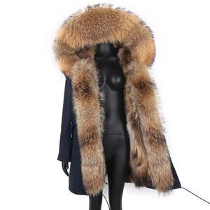 NEW CONVERTIBLE 4 in 1 NATURAL FUR BLACK WATERPROOF PARKA WINTER COAT SIZE 8/10